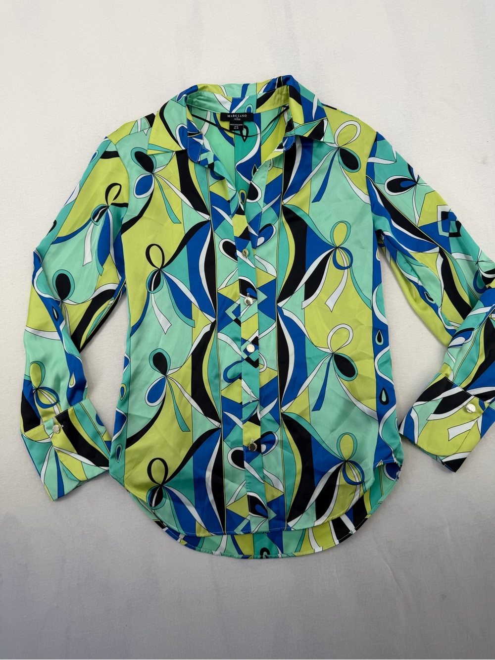 Emilio Pucci-inspired Geometric Button-Up Blouse in Blue, Aqua & Lime